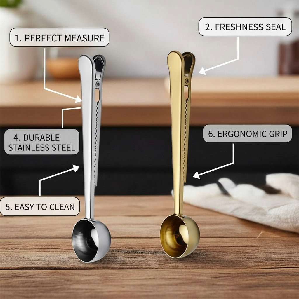 Two measuring spoons, one silver and one gold, on a wooden surface with features highlighted.