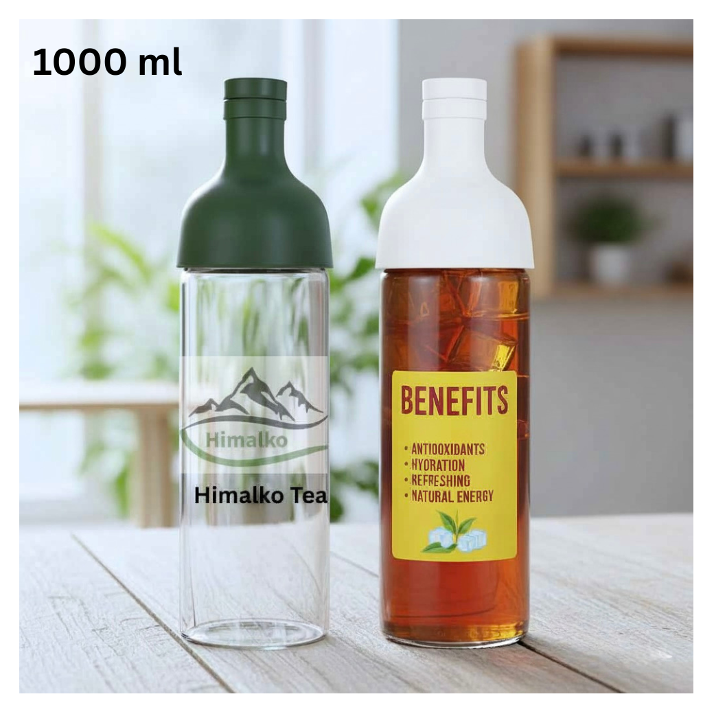 Two bottles of Himalko Tea on a wooden surface with a blurred background