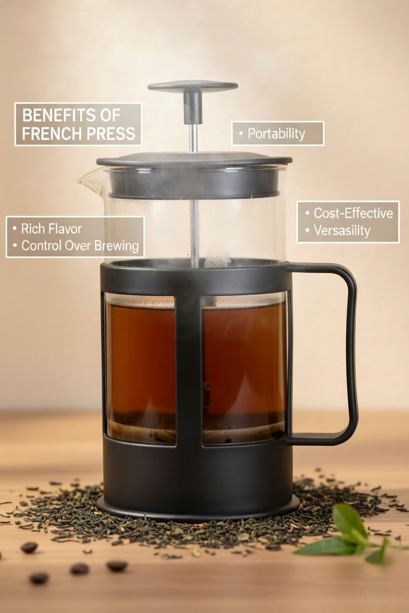 French press with brewed coffee on a wooden surface, surrounded by coffee beans and leaves, with text highlighting benefits of using a French press.
