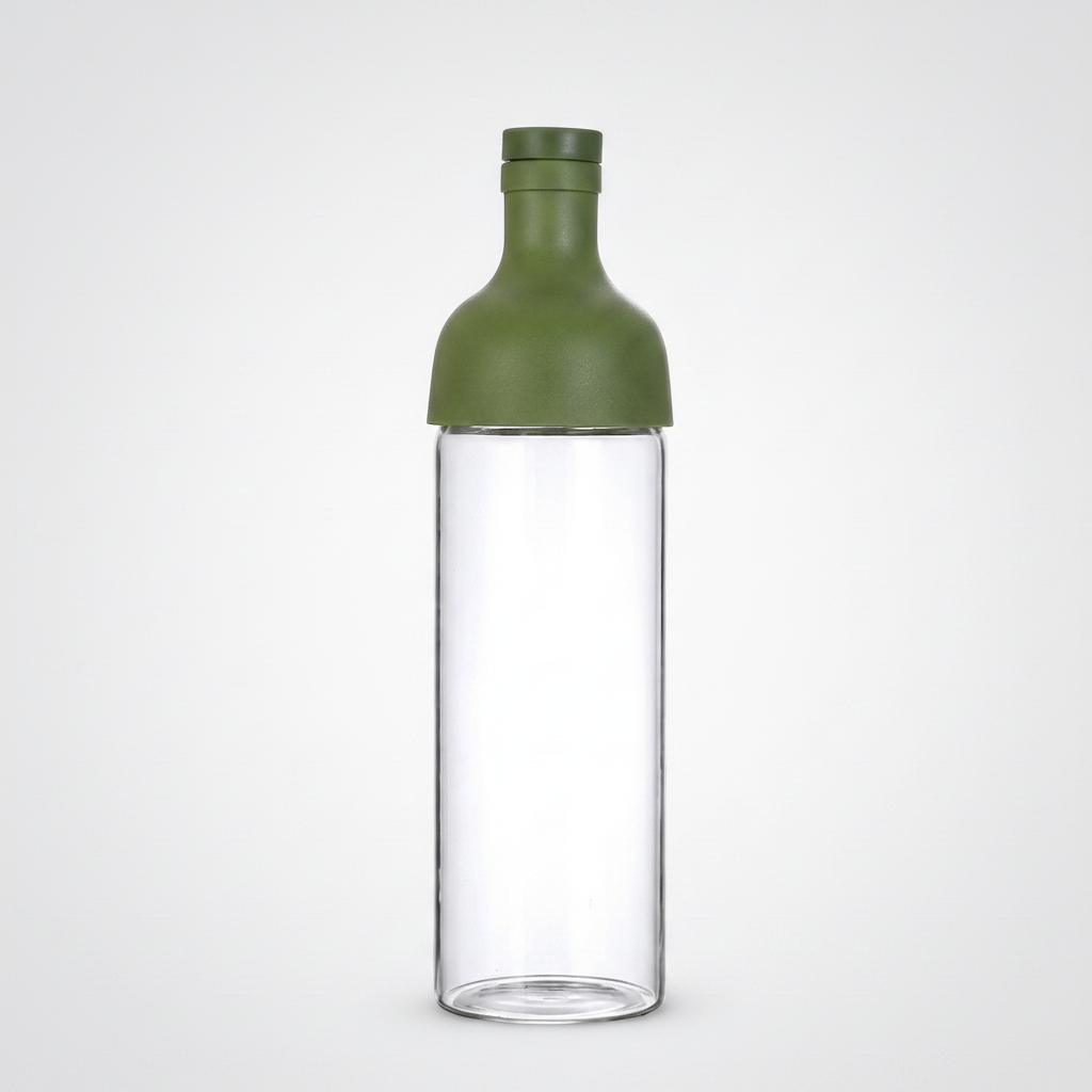 Clear glass bottle with green lid on a white background, featuring 'Best for Summer Dink Tea' and 'Free Shipping' graphics.