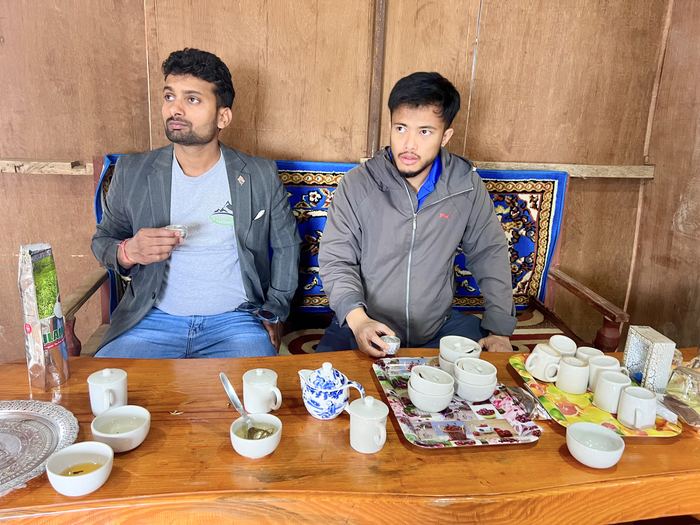 The Himalko team tasting fresh tea in Ilam, Nepal