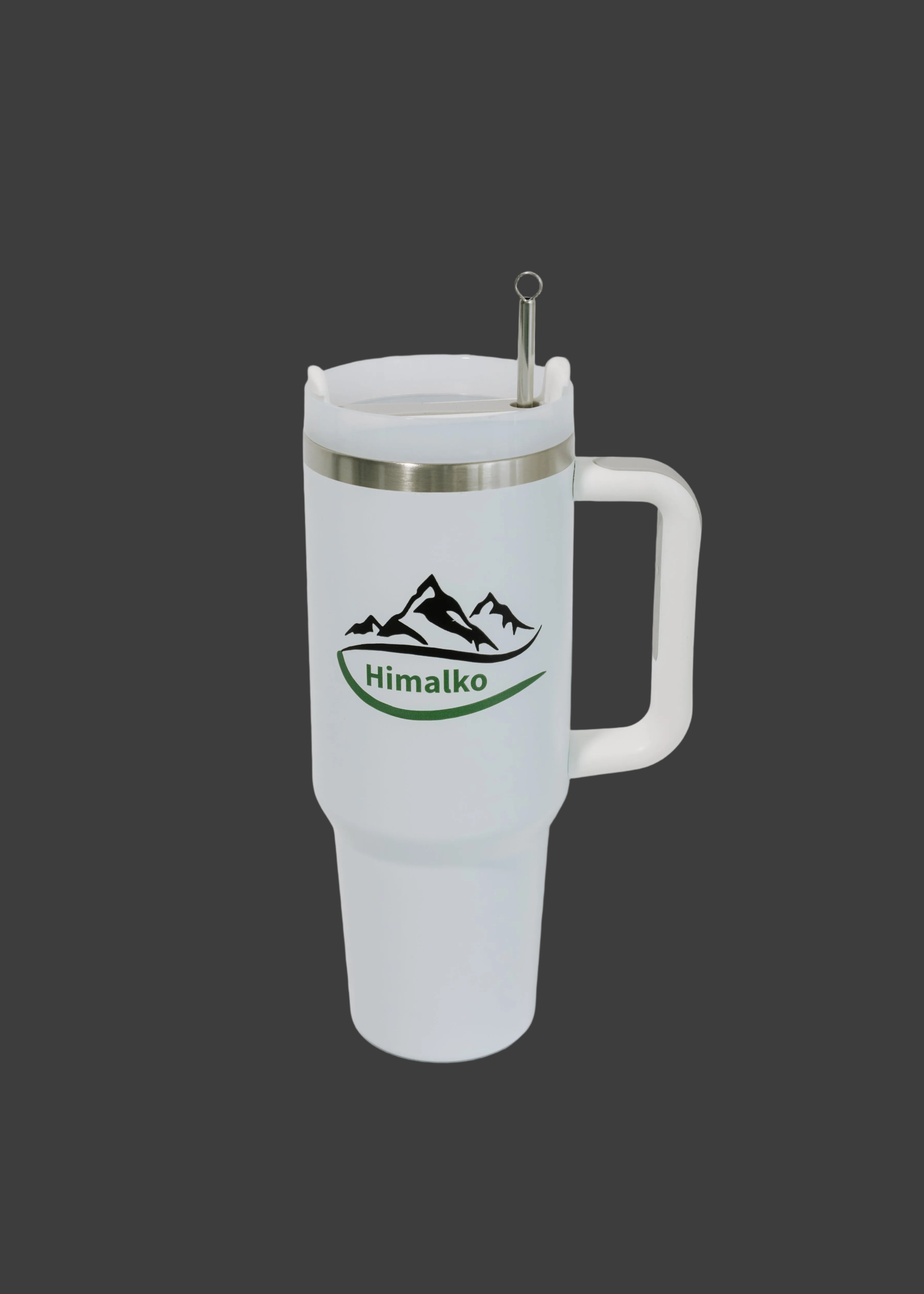 A white insulated travel mug with a handle, lid, and metal straw, featuring a black mountain logo and the word 'Himalka' in green on the front, set against a light gray background.